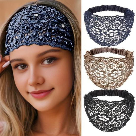 Krajková čelenka zdobená umělými perlami Dámská vysoce elastická široká vlasová gumička s designem pětilisté květiny Vlasové doplňky
