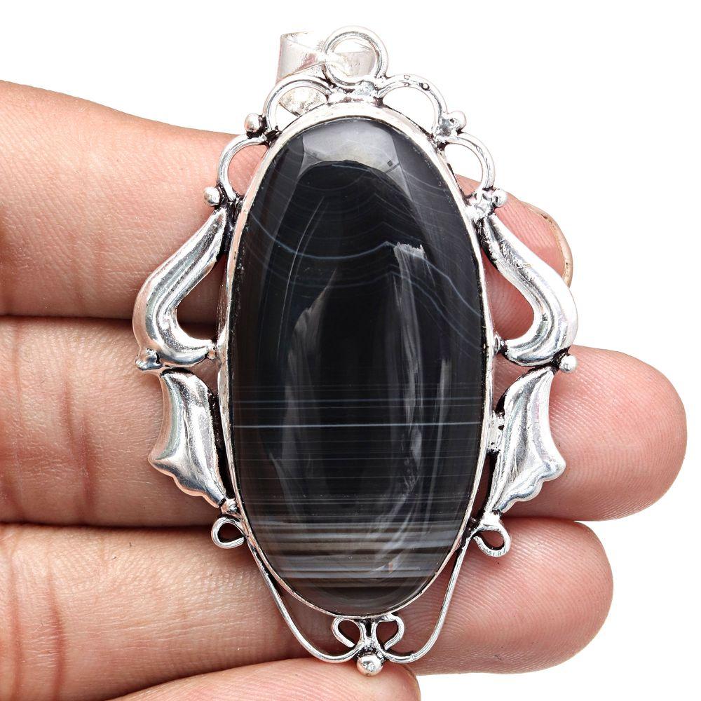 Pendant Grey Botswana Agate Gemstone Mother's Day Gift Silver Jewelry 2.5"