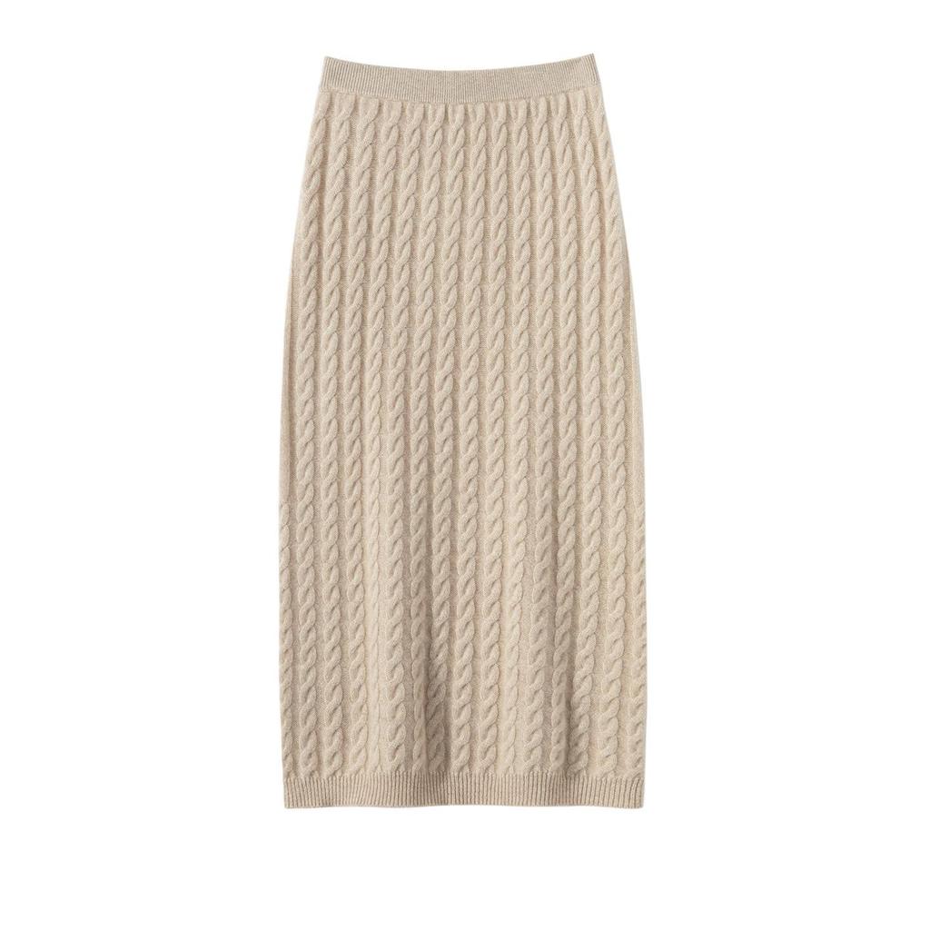 Cashmere Women's High-End Cable Knit Round Neck Sweater & High Waist Skirt Set