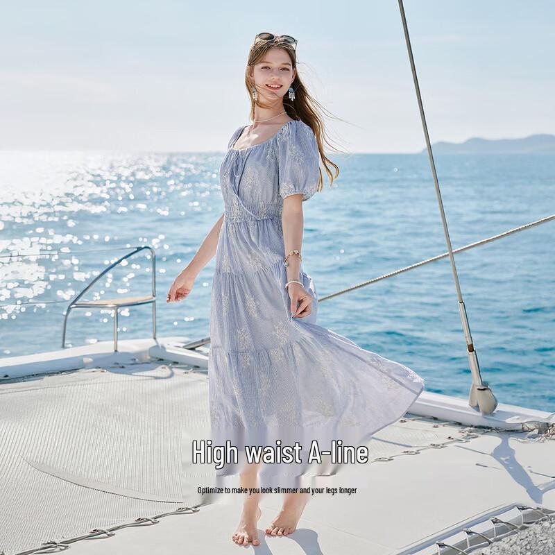 French Style Embroidered Striped Cotton Maxi Dress