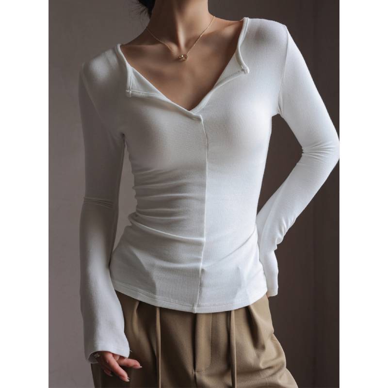 Minimalist Modale V Neck T Shirt For Women With Snake Bone Pattern For Autumn Winter Casual Wear