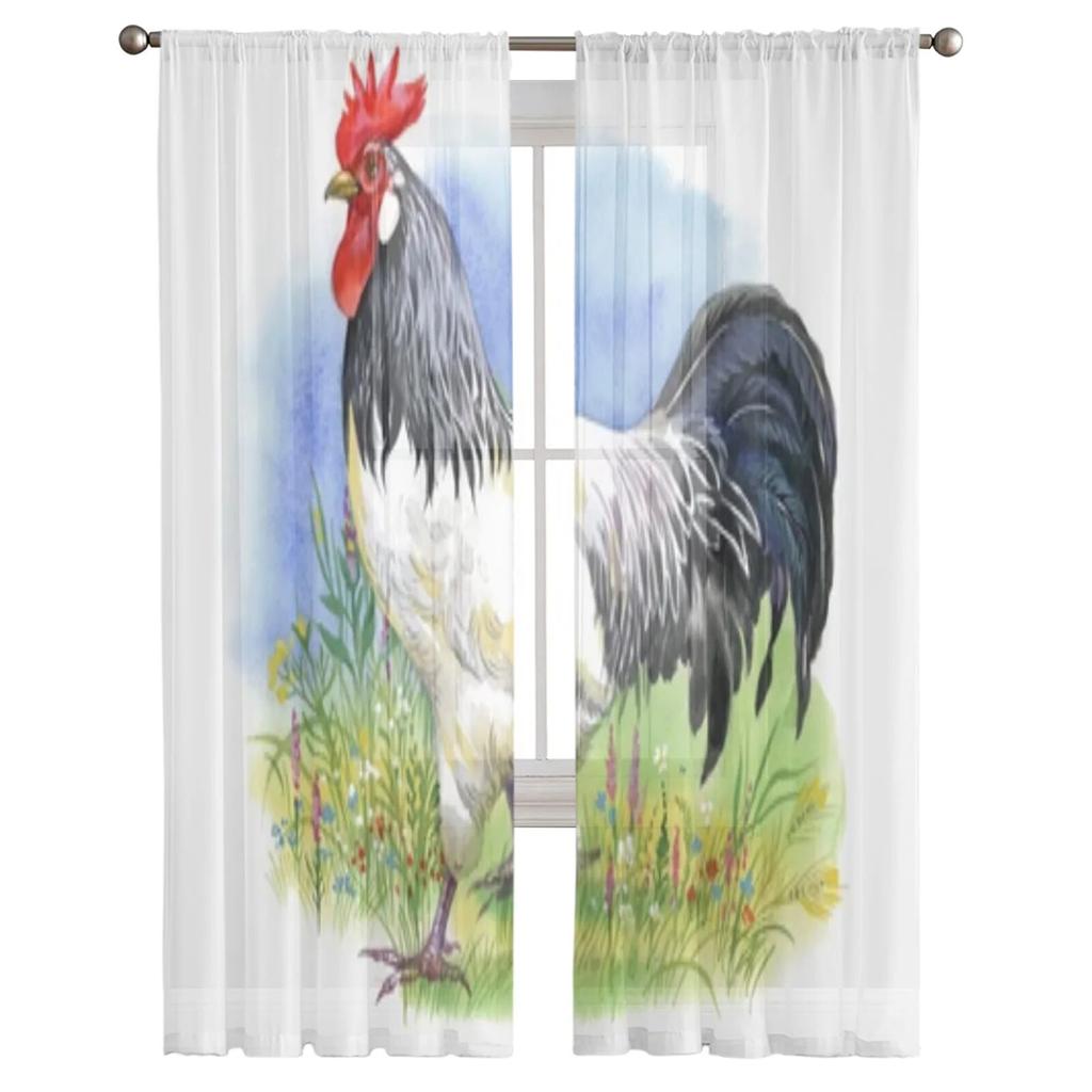Watercolor Of Cute Chicken Chiffon Sheer Curtains For Living Room Bedroom Decoration Window Tulle Curtains Drapes