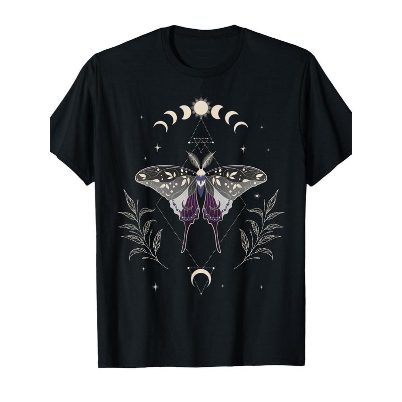 Humorous Crew Neck T-Shirt Featuring An Asexual Moon Moth Design, Perfect For LGBT Ace And Demisexual Pride. Casual And Comfy Travel Apparel For