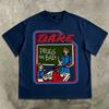 Men's T-shirt with Retro DARE Slogan Pattern Printed Short Sleeved T-shirt and American Street Style Round Neck Men's Casual Top