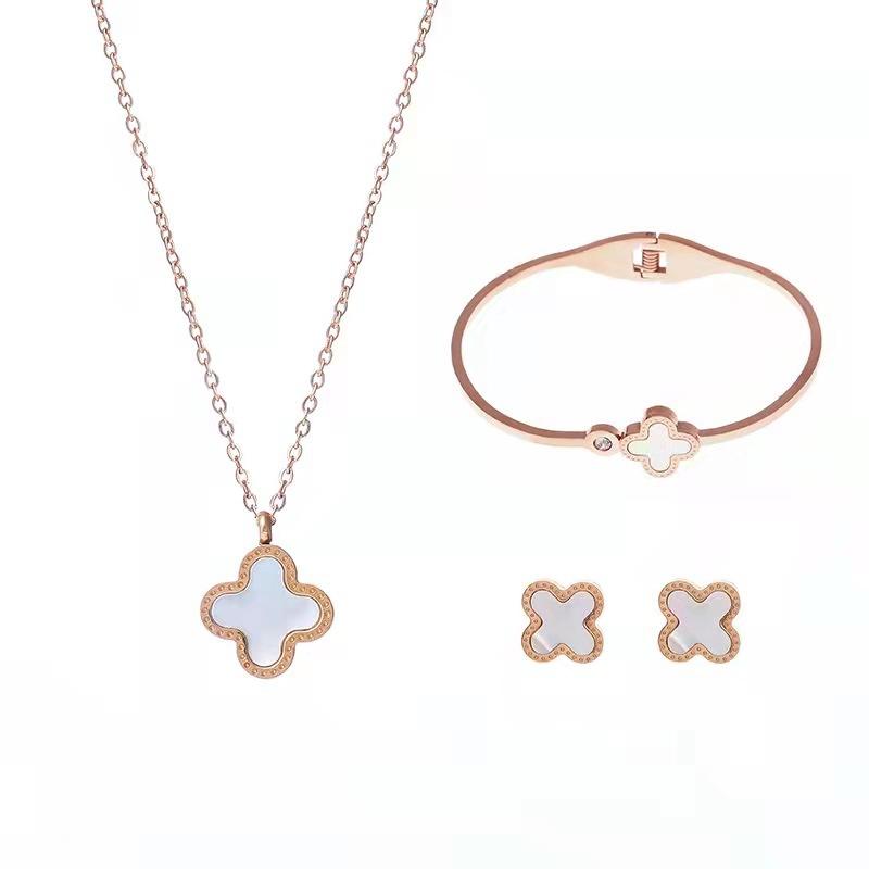 Non-fading Titanium Steel Four-leaf Clover Necklace Set for Women Fashion Earrings Bracelets and Jewelry