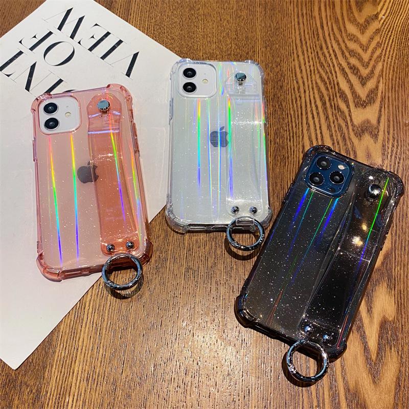 Shockproof Transparent Wrist Strap Laser Case For Iphone 14 13 12 Pro Max Xr Xs Max 13 14pro Max Clear Phone Holder Back Cover