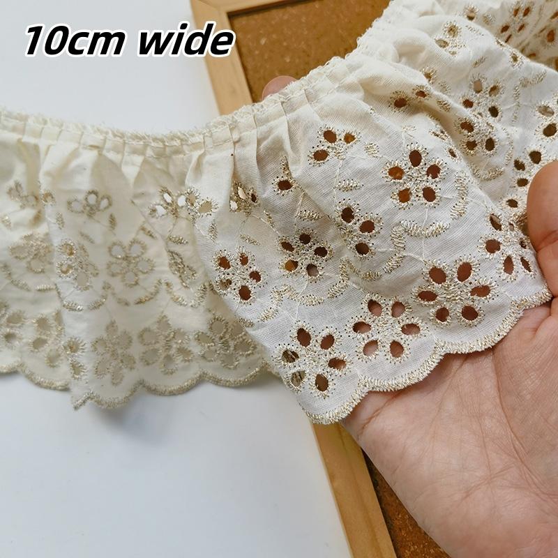 Beige Gold Thread Embroidery Hollow Pleated Cotton Fabric Lace DIY Girls Clothing Skirt Sofa Curtain Edge Sewing Material Supply