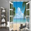 Tropical Palm Tree Shower Curtain, Ocean Beach Island Window Palm Tree Bathroom Decorative Shower Curtain, Waterproof Shower Cur