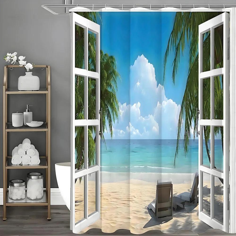 Tropical Palm Tree Shower Curtain, Ocean Beach Island Window Palm Tree Bathroom Decorative Shower Curtain, Waterproof Shower Cur