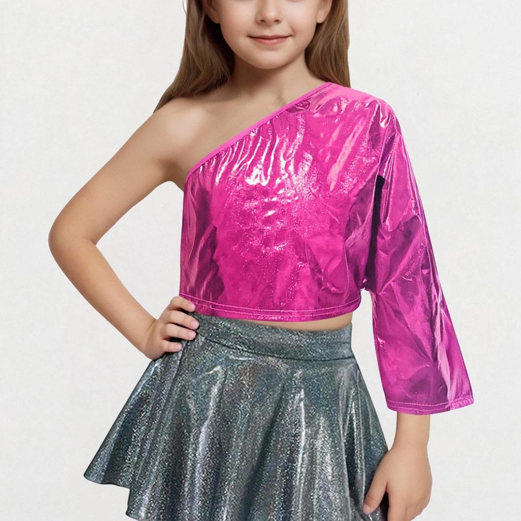 Jenter En-skulder Topper Fest Paljetter Glitrende Korte Topper Langermede Topper