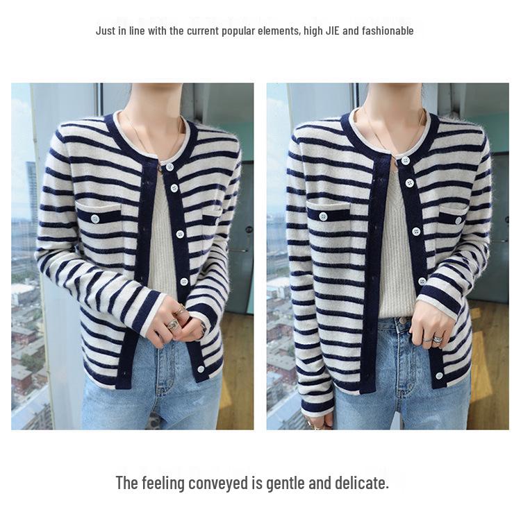 Nanyou Women's Cashmere Striped Round Neck Cardigan - High-End 2024 Early Spring Arrival