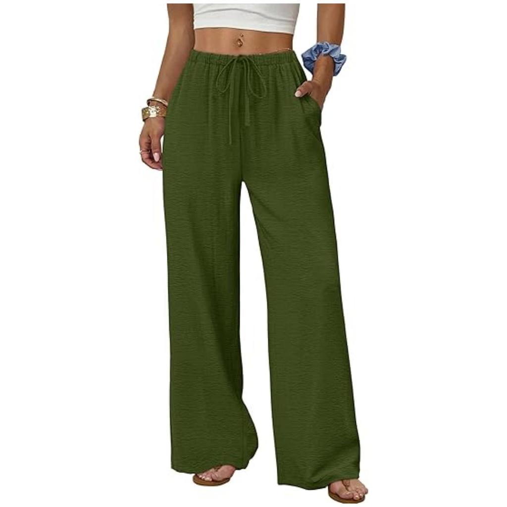 European & American Women's Casual Solid Wide-Leg Beach Pants with Elastic Waist & Pockets
