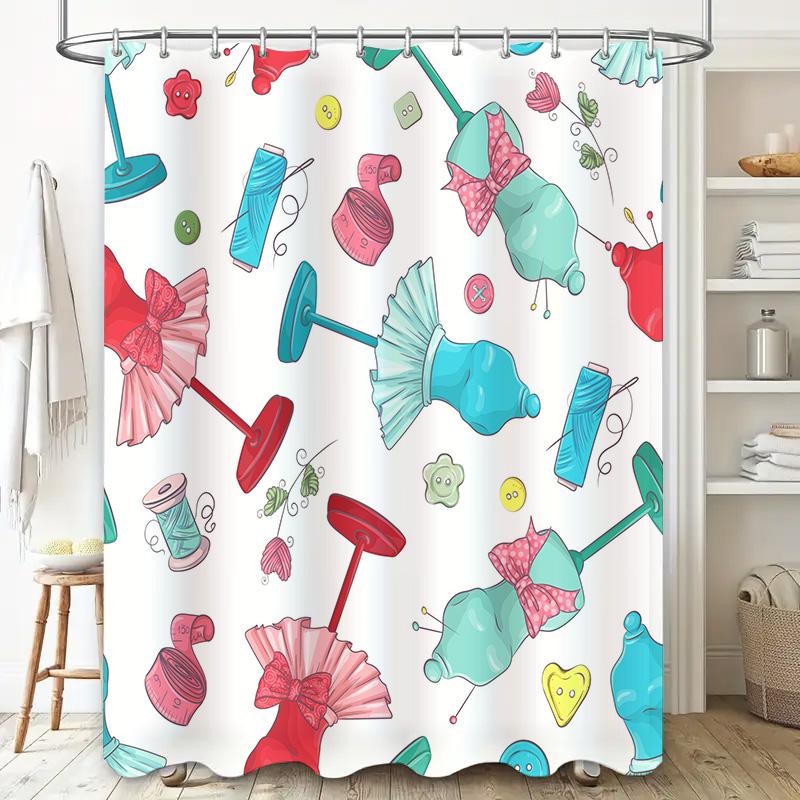 Colorful Sewing Pattern Shower Curtain With Pincushion And Needles Washable Fabric Waterproof Liner For Bathroom Decorations