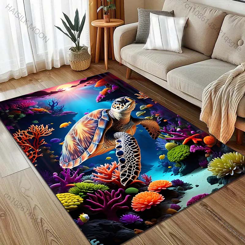 1 ks barevný koberec s potiskem želvy v oceánu pro obývací pokoj, ložnici, pohovku, rohožku, domácí dekoraci, zónový koberec, protiskluzová podložka na podlahu