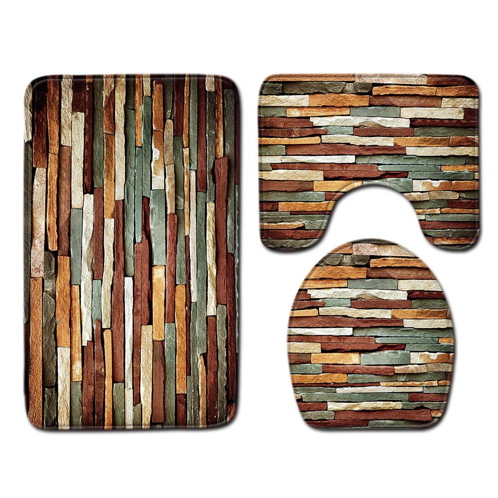 Wood Grain Board Texture Toilet Carpet Set Bathroom Non-Slip Floor Mat Doormat