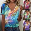 Women's Summer V Neck Buttons Tie Dye Printed Short Sleeve T-shirt Ladies Top