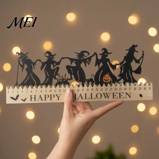 Festive Fireplace Accents Halloween Witch Silhouette Countdown Calendar with Pumpkin Bat Cat Decor, Wooden Happy Wood Ornaments Table Ornament