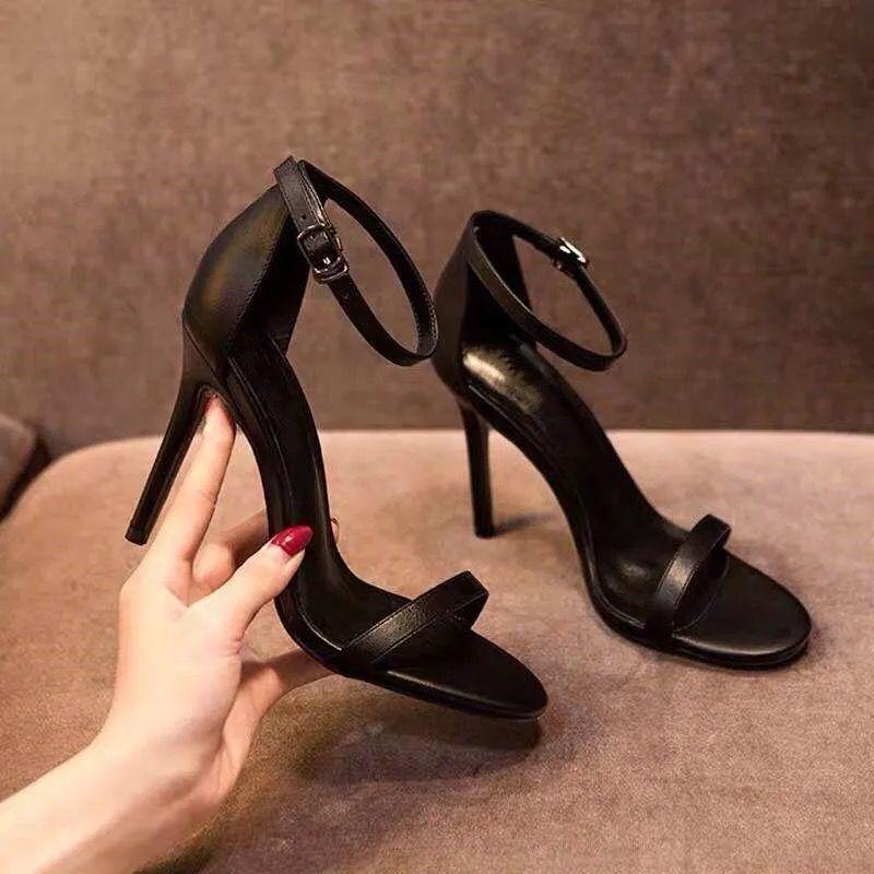 Black sexy one-word buckle with fairy style sandals female summer 2025 new versatile Korean version high heels stiletto