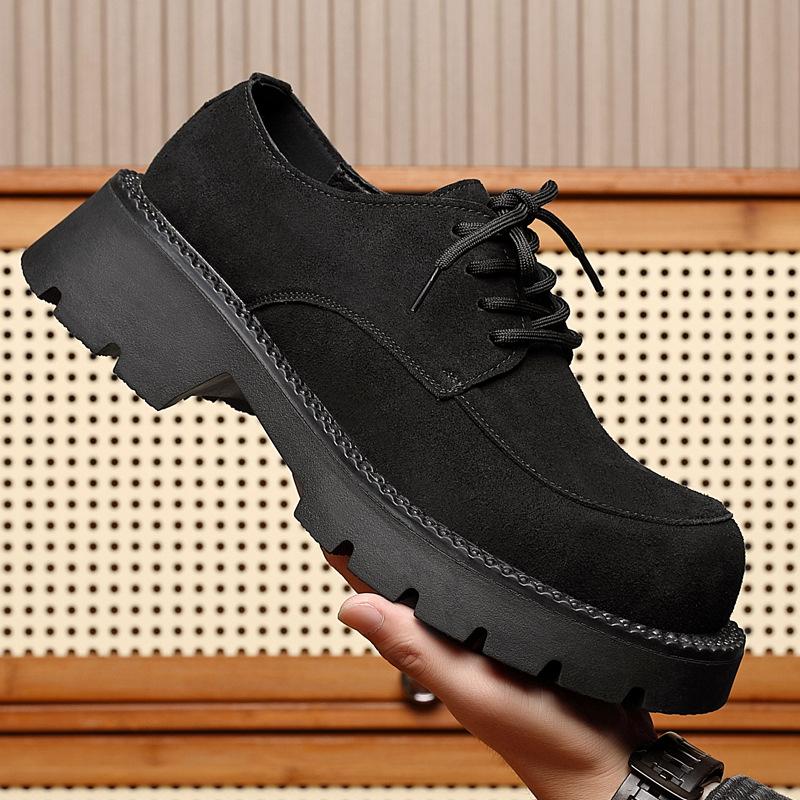2025 autumn men's platform loafers lace-up cowhide suede leather shoes big head fashion casual platform men's shoes