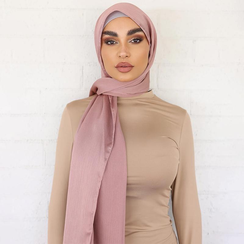 New Arrivals Crinkle Plain Color Satin Crepe Scarf Shawl Wrap Muslim Women Pleated Stain Silk Hijabs