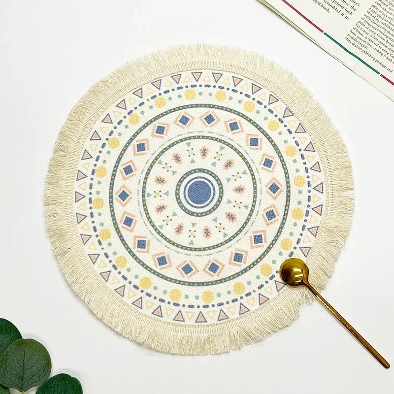 Boho Round Table Mat Hand-woven Linen Tassel Placemats Non-Slip Embroidery Dining Table Insulation Bowl Pads Kitchen Decoration