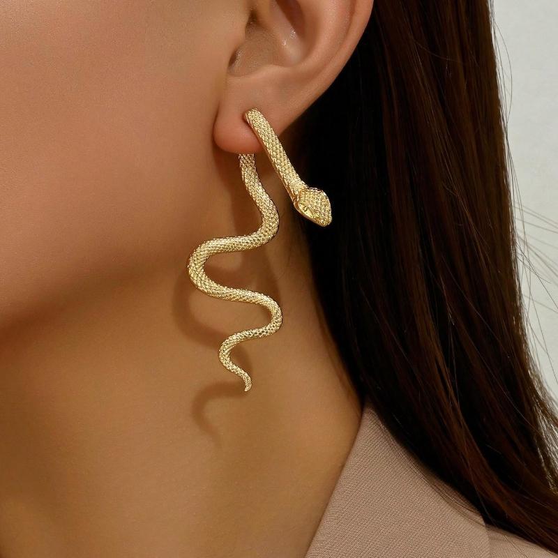 1 Pair Gold Patterned Snake Design Earrings, Vintage Punk Minimalist Style, Creative Unique Earrings Suitable For Gifting, Dating, Clubbing, Y2K