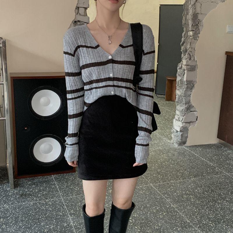 Women's Spring Outer Wear Color Block Striped Knit Cardigan Sweater Coat Slim Short Long-sleeve Top