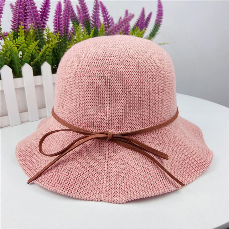 Bow wavy edge knitted bucket hat female tide brand casual versatile adjustable basin hat shows small face