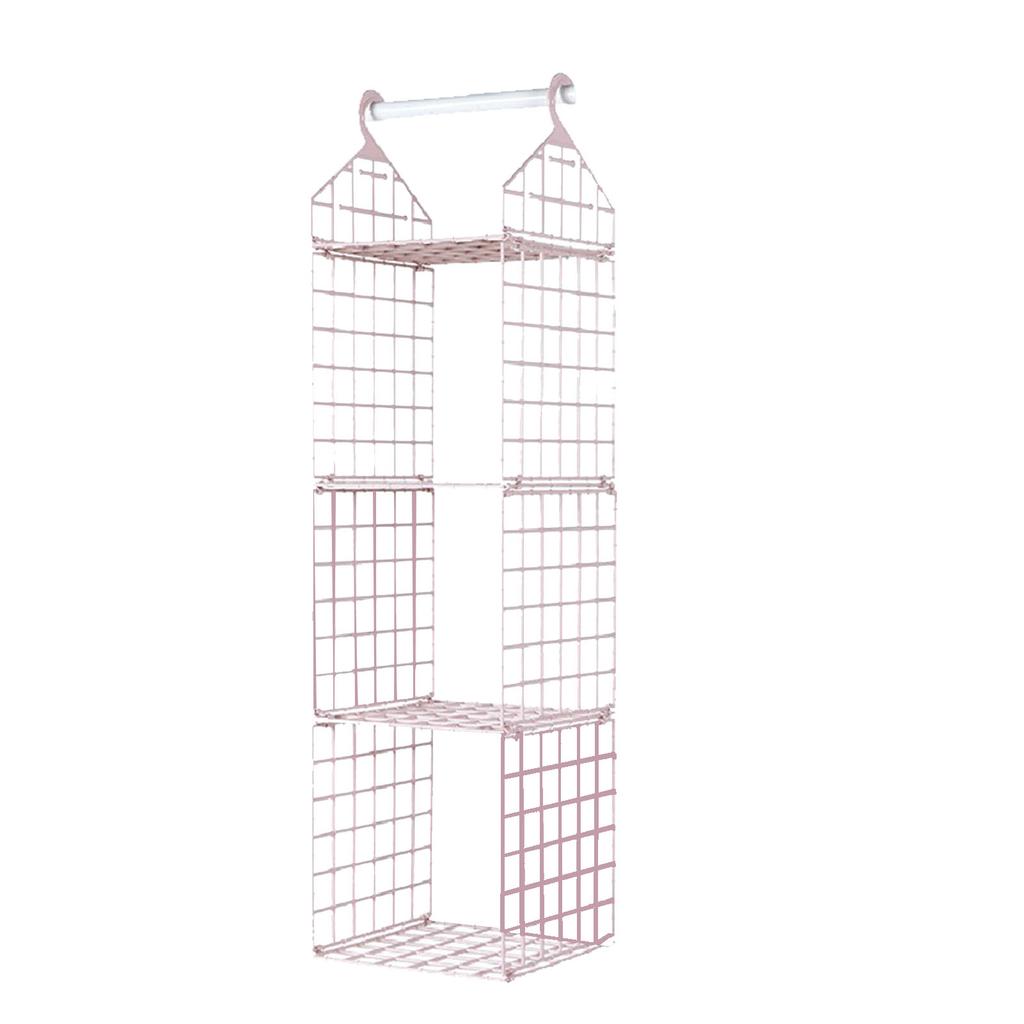 Hanging Closet Organizer 3 Tier Pink Storage Shelf Minimalist Grid Plastic Cloth Shelf for Bedroom Dormitory Apartment