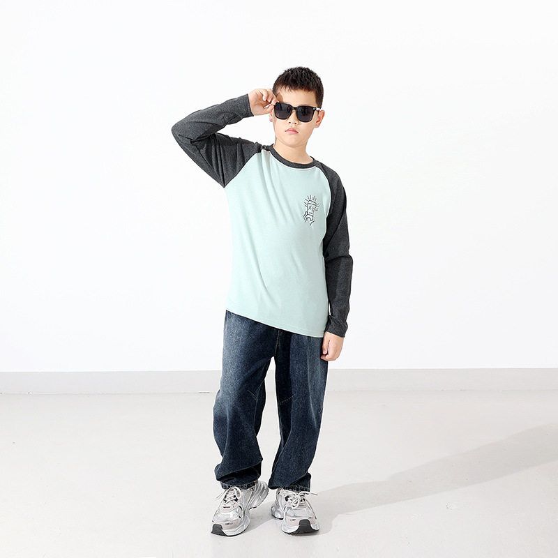 Spring and Autumn Kids Warm Long Sleeve T-shirt Children's Contrast Color Printed Thickening Bottoming Shirt Boys' Thin Velvet Clothes