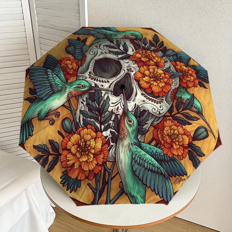 

1pc Day of the Dead Skull with Hummingbirds Umbrella with Plastic Handle,Suitable for All Seasons Home Travel Outdoor UmbrellaDD1511