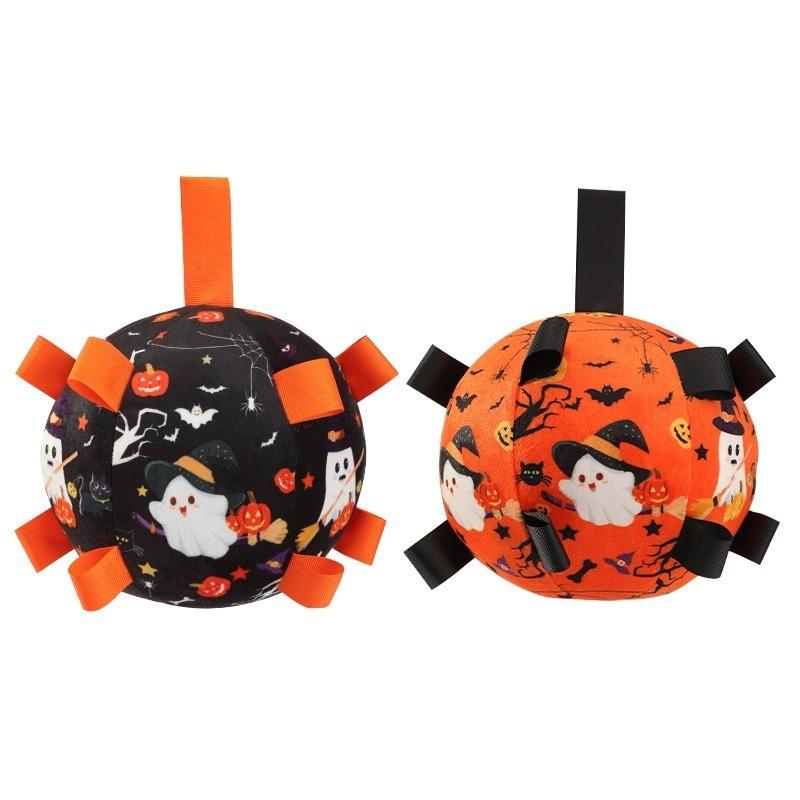 Halloween Hundespielzeug Bälle Elektrisch Interaktiv Eingebaute Glocke Plüschspielzeugball für Hunde Bissfestes Kauspielzeug mit Quietscher Haustierprodukt