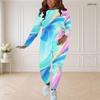 Women Plus Size Round Neck Long Sleeve Colorful Printed Top And Fitted Pants Two Piece Set