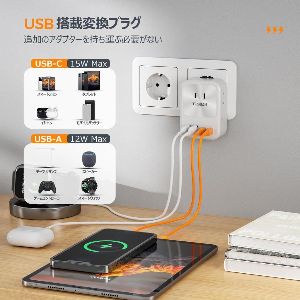 Adaptador Internacional TESSN com 2 Compatível com e outros Europeus Acessório de Viagem Conveniente para Plugue Tipo C Internacional, Portas USB-C 7 em 1,