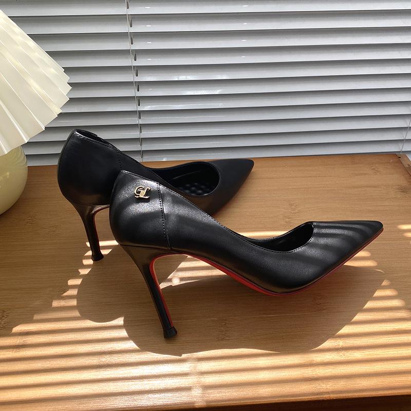 Red-soled high heels women's stiletto leather new sexy versatile pointed soft leather black single shoes