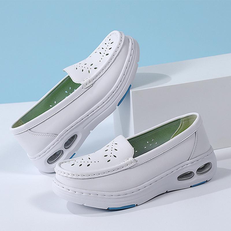 Women Massage Insole Genuine Leather Hollow Breathable Anti-Slip Swing Shoes Half Palm Air Cushion Platform Nurse Work Shoes
