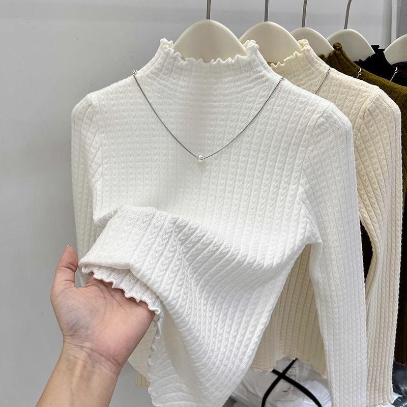 Half-high Collar Wooden Ear Knitted Shirt Autumn and Winter Pure Color Purlin Sweater Slimbase Inner Top
