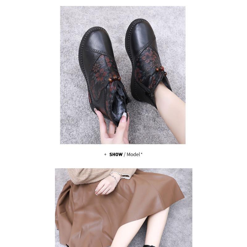Women's Embroidered Floral Winter Boots, Non-Slip Soft Sole Warm Faux Fur Lined Ankle Boots, Comfortable Cotton-Padded Shoes for Women