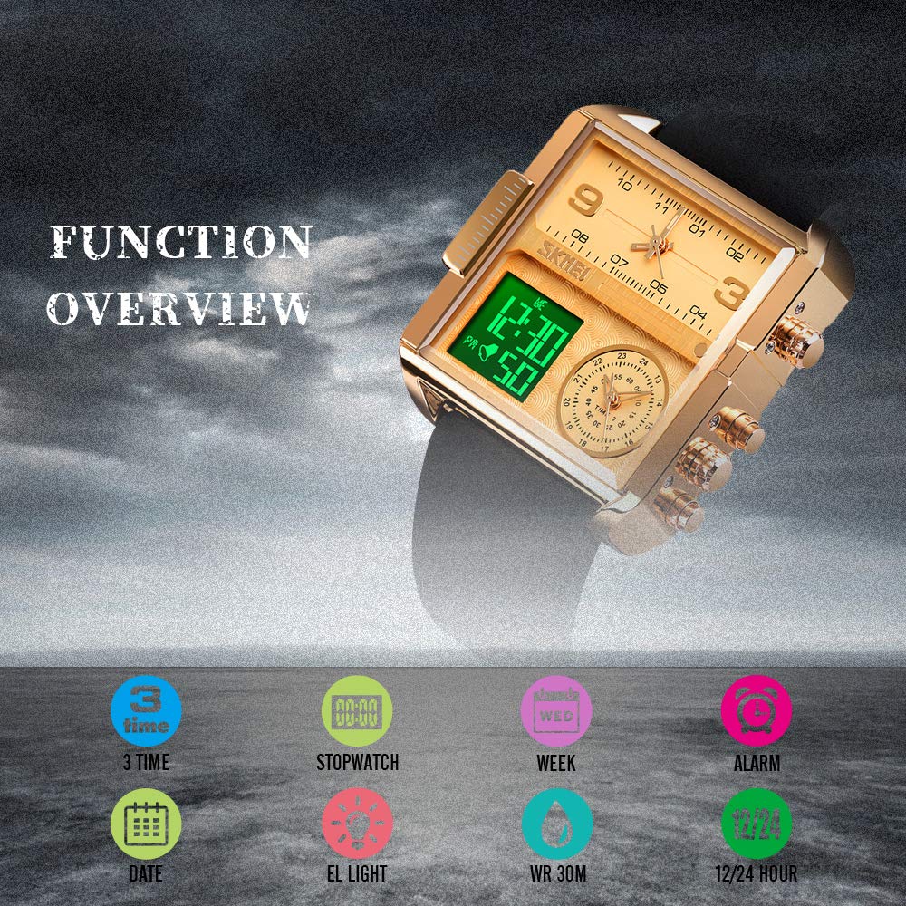 SKMEI Men's Digital Sports Watch LED Square Large Face Multi-Time Zone Waterproof Stopwatch Business Gold Black Light 1.78x1.61x0.55 inch