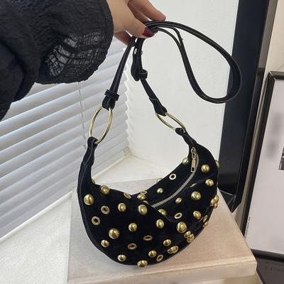 Girls Faux Suede Rivet Underarm Pouch Fashion Studded Hobo Shoulder Bag Vintage Luxury Crossbody Bags Travel Retro Dumpling Bag