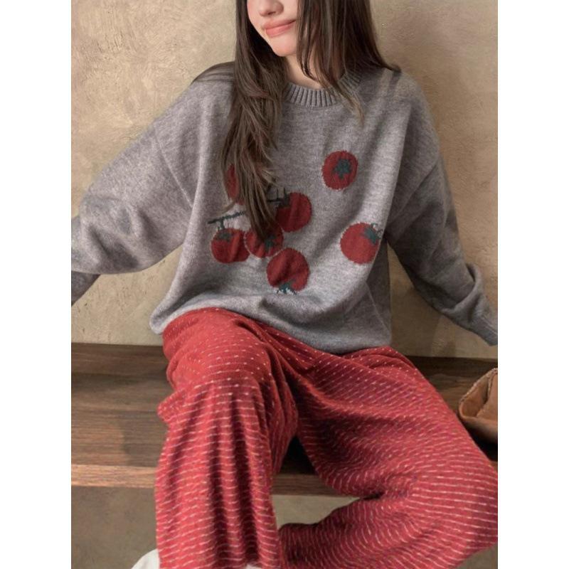 Gentle Tomato 2025 Jacquard Knit Sweater: Casual Loose Korean Style, Round Neck, Soft & Fluffy Autumn/Winter Top