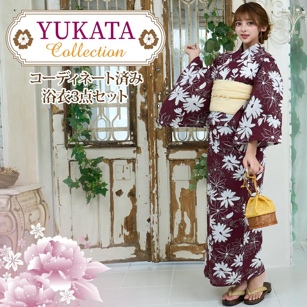 RAVIR Yukata Neat and White Daisy Standout Japanese Fluffy and Geta One Size Fits All Women's 3-Piece Set, Bordeaux, Clean, Print, Style, Obi,