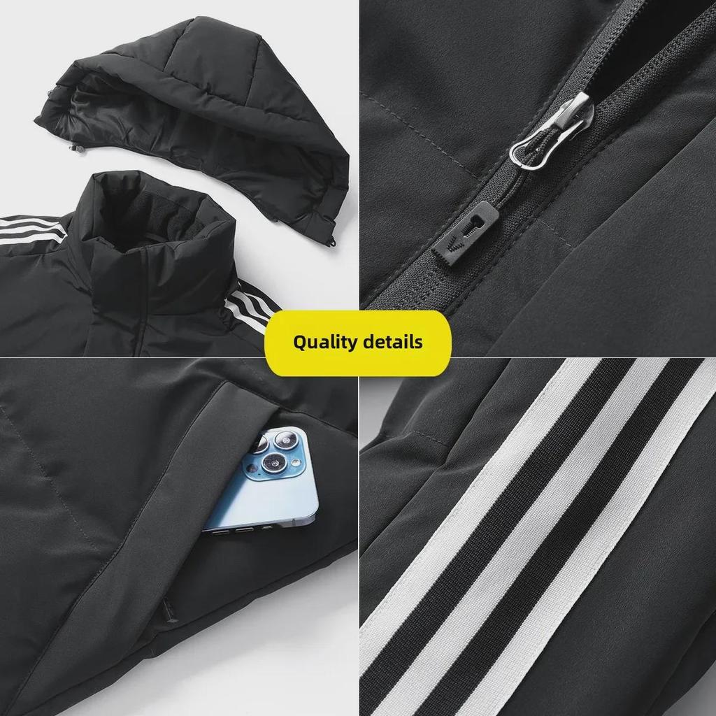 Pánská bavlnou polstrovaná bunda s kapucí, Velikost M-8XL, Zimní teplo, Ležérní design se třemi pruhy