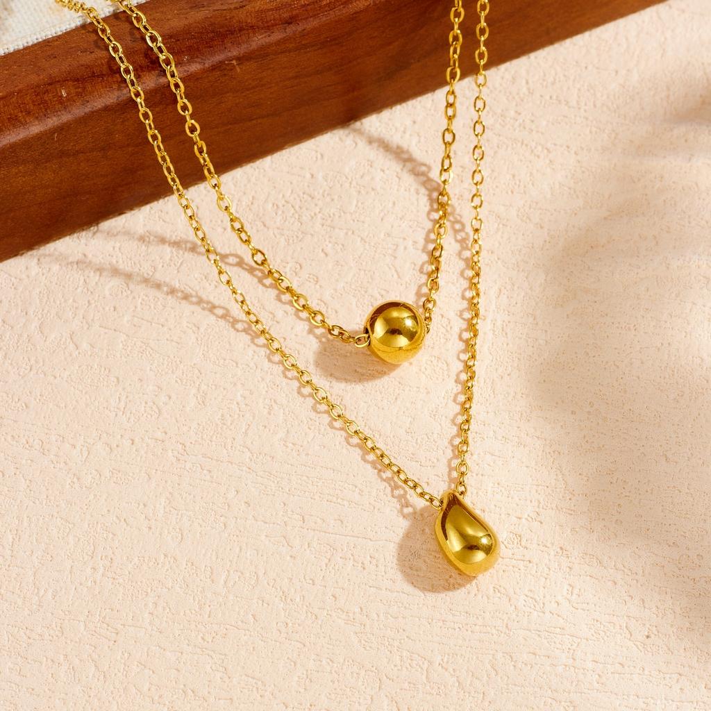 Beads Geometric Water Droplet Double-Layer Pendant Necklace Lady 316L Stainless Steel Classic Trend Waterproof Jewelry
