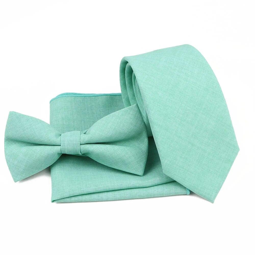 Men Fashion Solid Color Cotton Tie Bowtie Handkerchief Set Wedding Party Butterfly Necktie