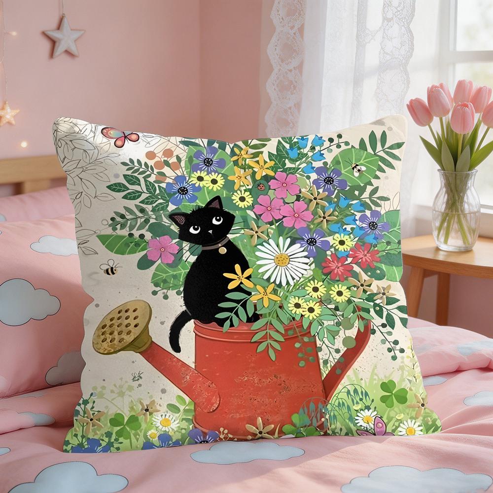 Cartoon Little Black Cat Cushion Cover Square Short Plush Pillow Case Living Room Sofa Home Decor Funda X