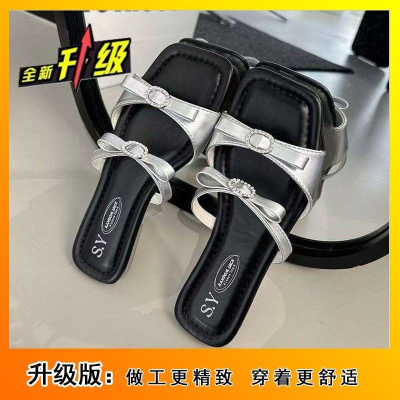 2025 summer new outer wear beautiful square head open-toed cool slippers fairy bow word flat slippers woman