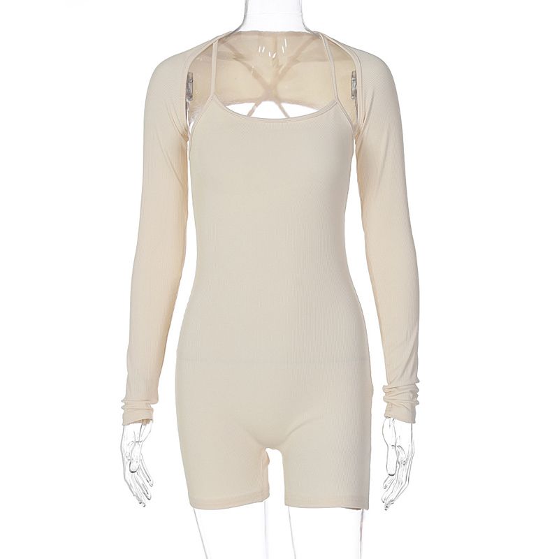 

Transition Sexy Zone Two-piece Set Sports Fitness Jumpsuits Women s Big U-Neck Shawl Tight Stretch One-Piece Shorts Adjustable apricot shoulder strap L