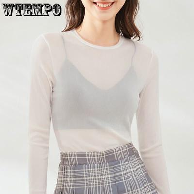 Mesh-Bottom-Shirt für Damen, Sommer-Eisseide, langärmeliges, durchsichtiges Spitzenoberteil mit dünnem Sonnenschutz und sexy Gaze-Kleidung