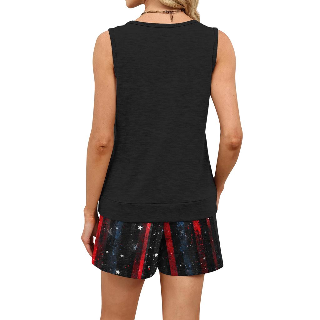 Women’s Summer Casual Two Piece Set Sleeveless Square Neck Tank Top and Drawstring Shorts with Star Print and Pockets for Outdoor Sports Lounge